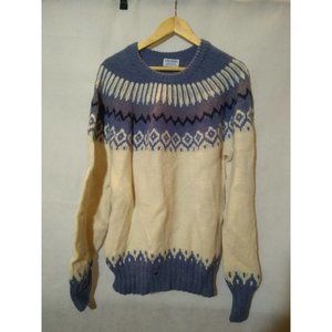 Vintage Alpaca Imports Cream Blue Fair Isle Print Long Sleeve Wool Sweater
